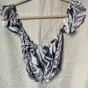 Cute Summer crop top. off the shoulder blouse. shades of blue summer palm print